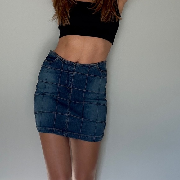 Y2k Checkered Patchwork Denim Skirt - Vintage Style Size 1 - Picture 2 of 13